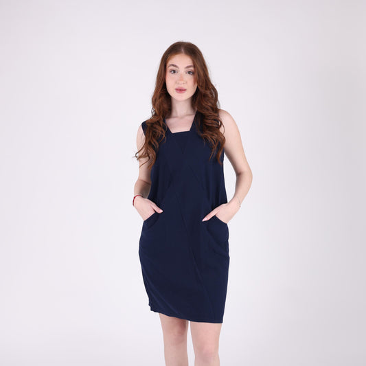 Sleeveless Navy Blue Shift Dress with Pocket Details