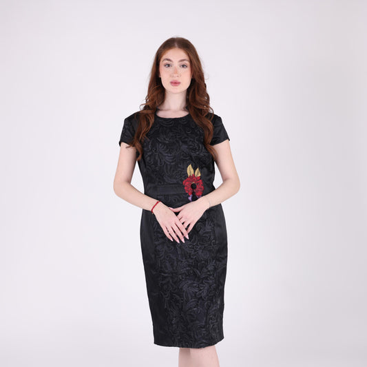 Black Jacquard Midi Dress with Floral Embroidery Accent