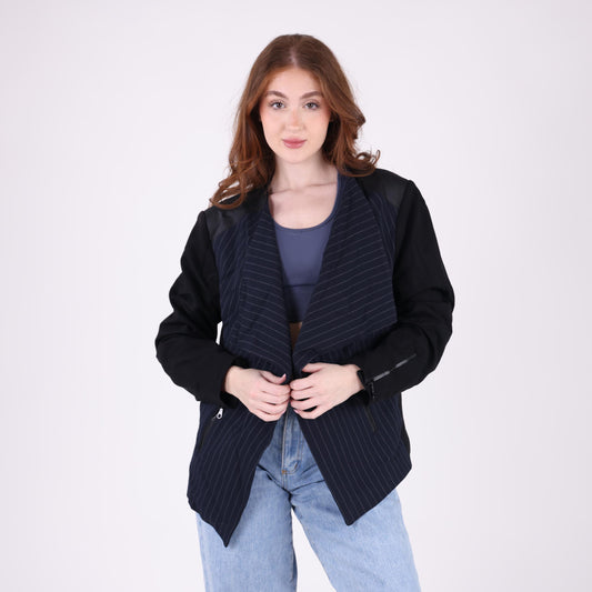Black Pinstripe Waterfall Jacket with Zippered Sleeves