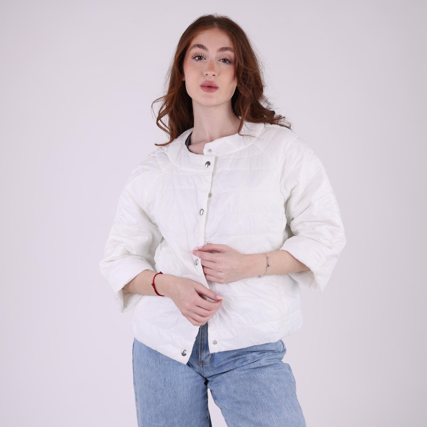 Quilted White Jacket with 3/4 Sleeves