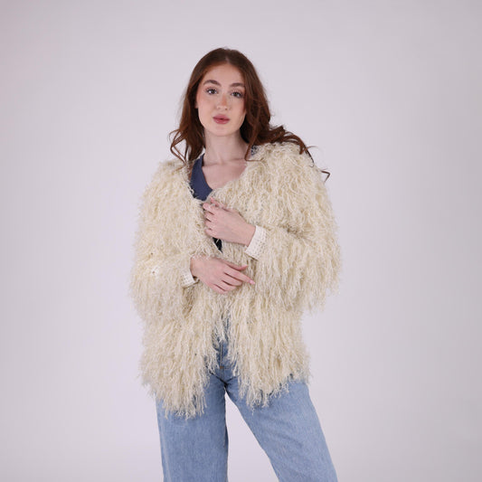 Cream Textured Shaggy Jacket