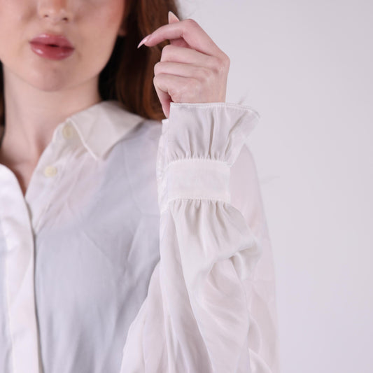 Classic White Button-Up Blouse with Ruffle Cuffs