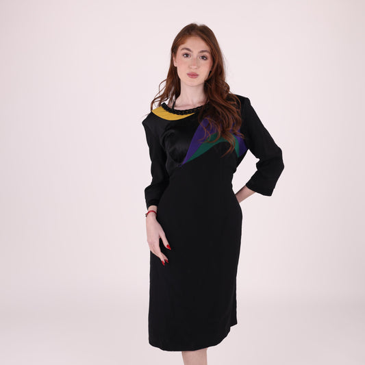 Vintage Black Midi Dress with Color Block Detail