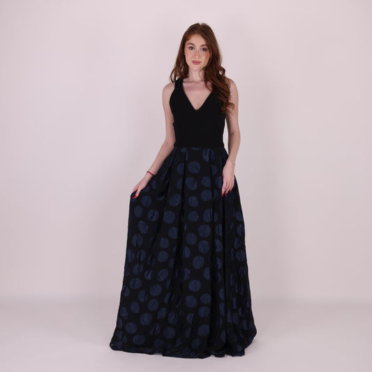 Black and Navy Polka Dot Evening Gown