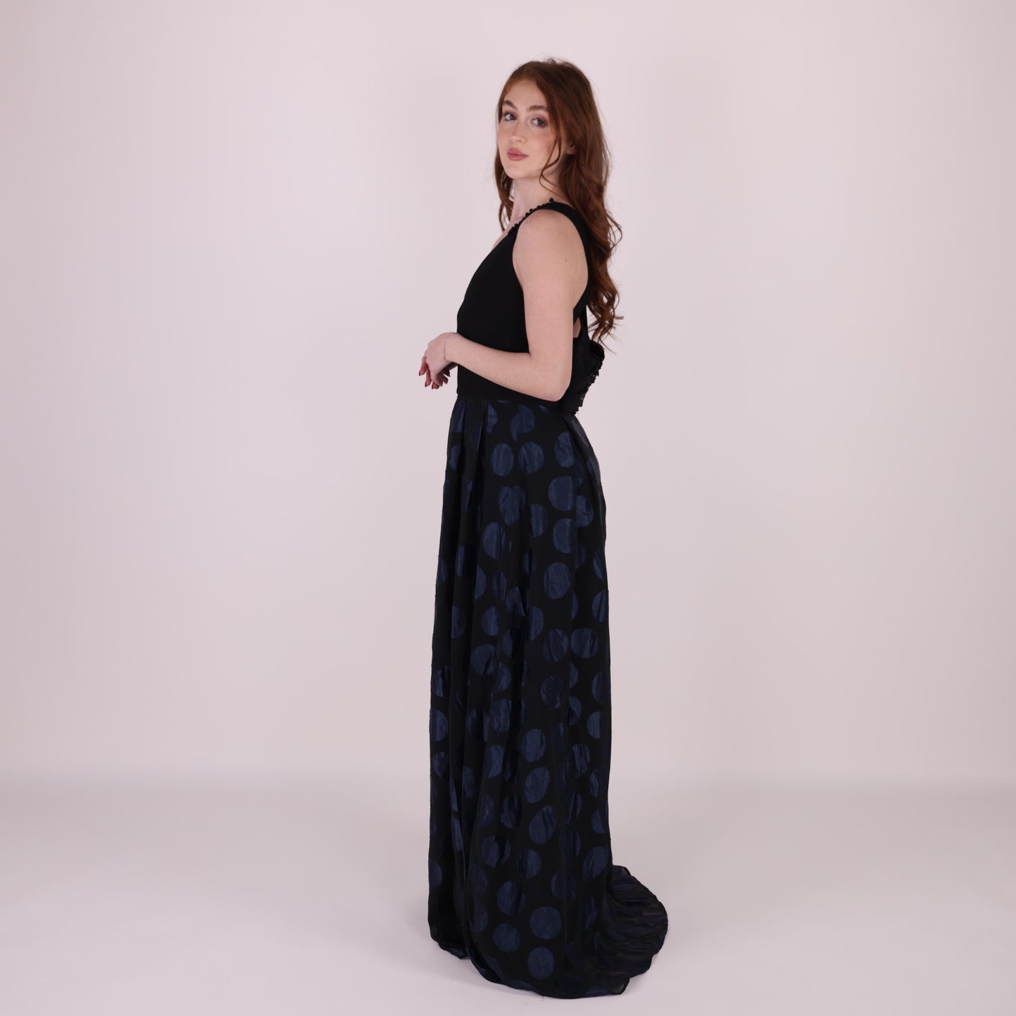 Black and Navy Polka Dot Evening Gown