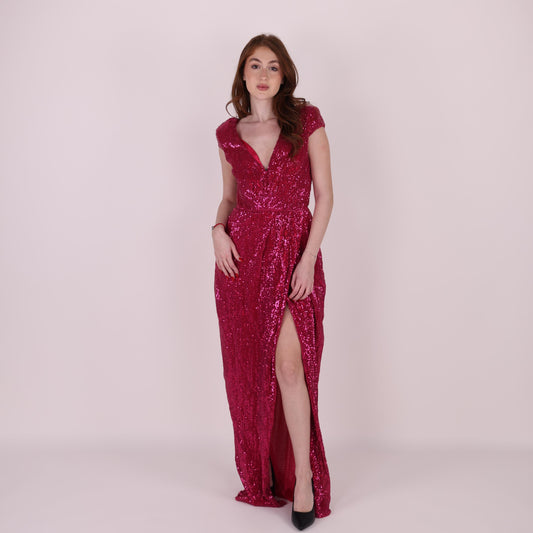 Fuchsia Sequin Gown with Plunging Neckline