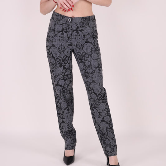 Black and Gray Floral-Patterned Straight-Leg Pants