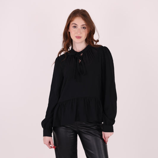 Black Long-Sleeve Peplum Blouse with Tie-Neck
