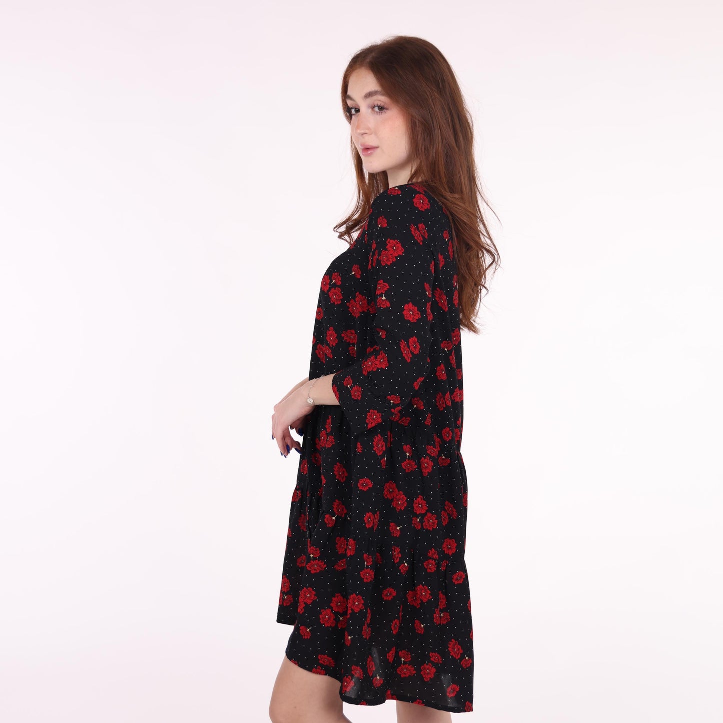 Black Dress with Red Floral Print