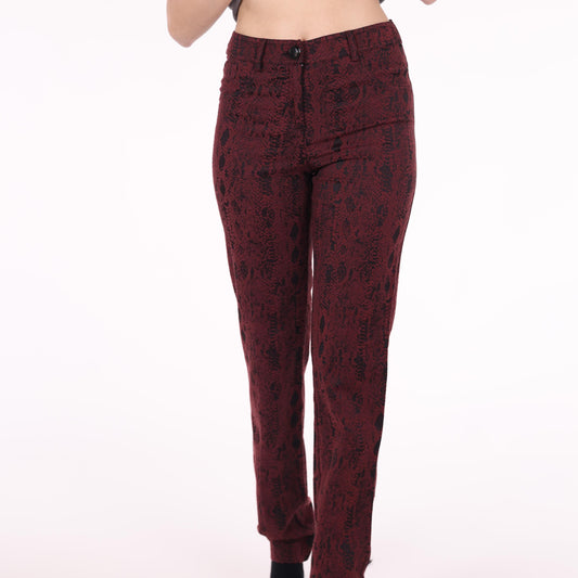 Burgundy Snake Print Slim-Fit Pants