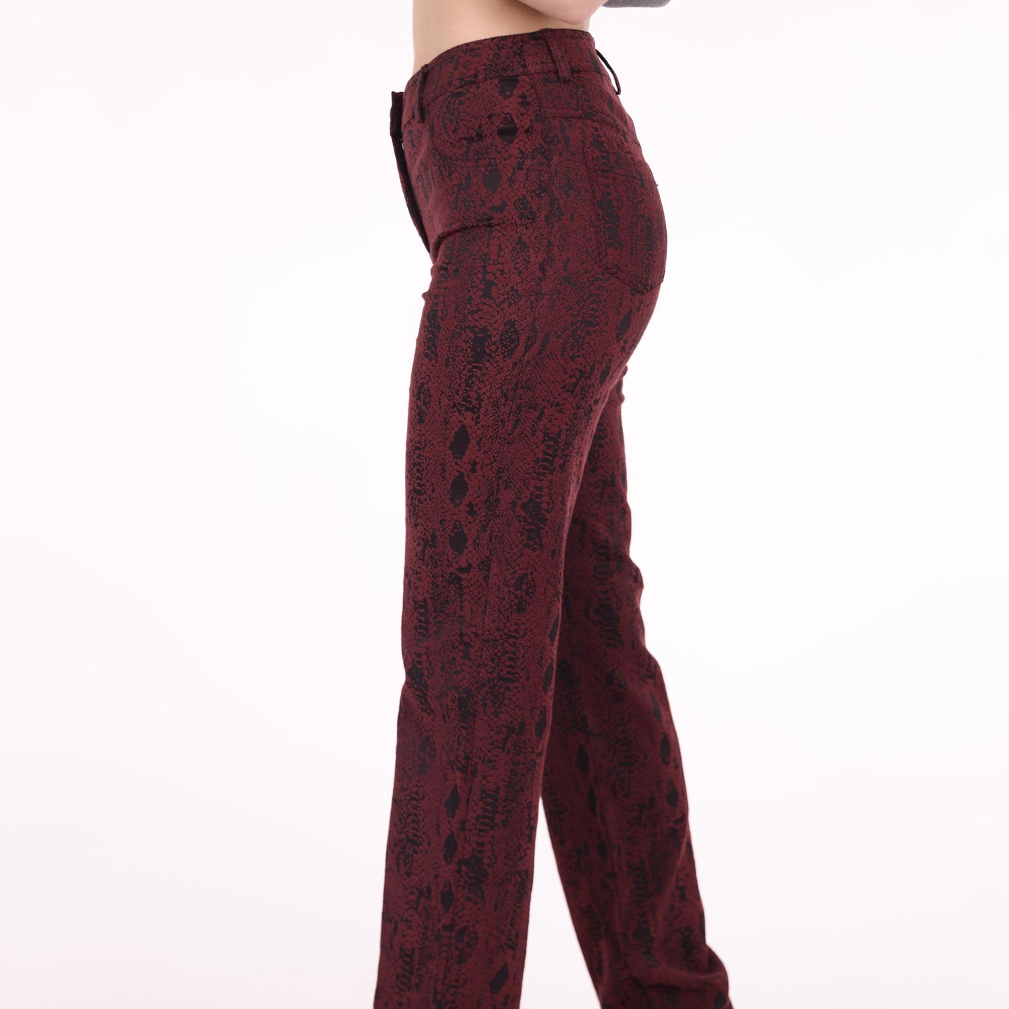 Burgundy Snake Print Slim-Fit Pants