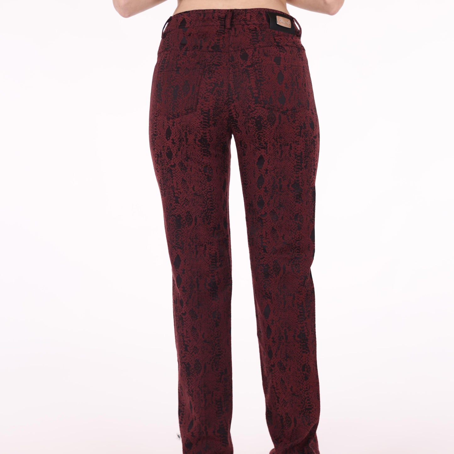 Burgundy Snake Print Slim-Fit Pants