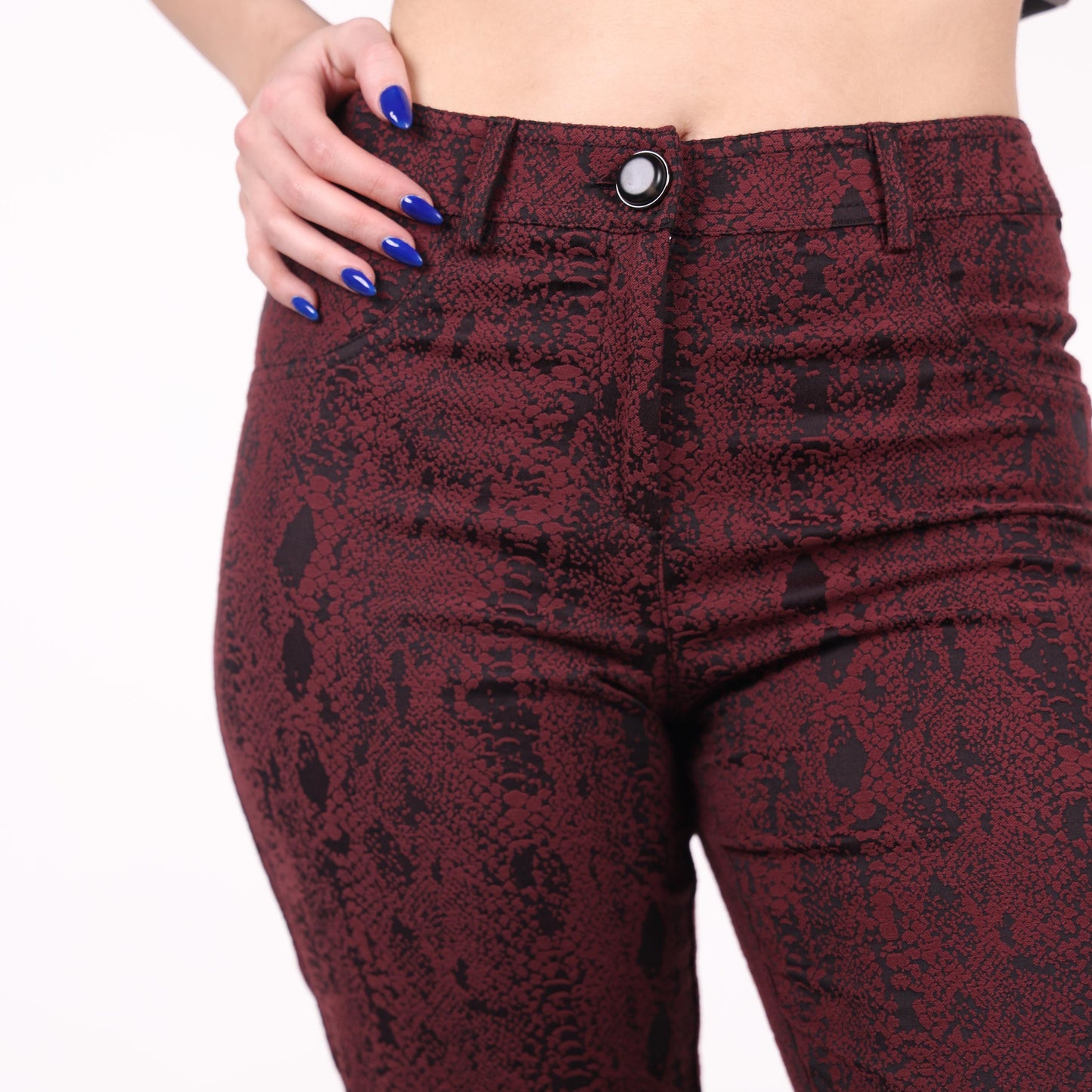 Burgundy Snake Print Slim-Fit Pants