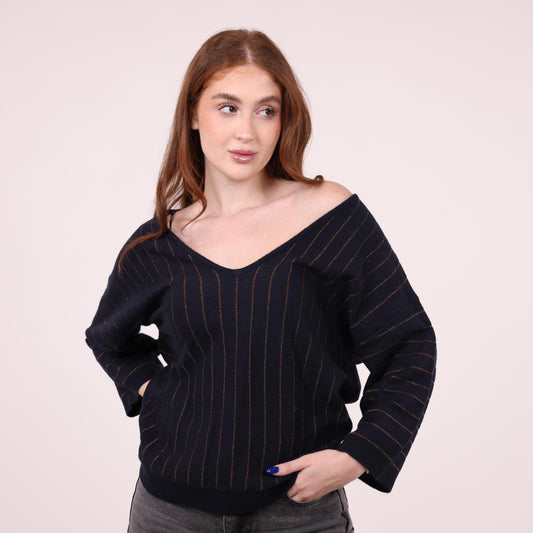 Navy V-Neck Sweater with Gold Pinstripes