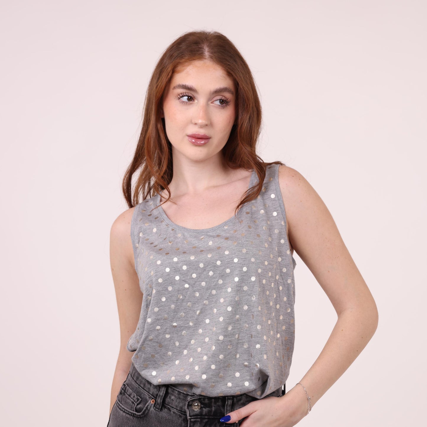 Gray Sleeveless Tank with Metallic Polka Dot Pattern