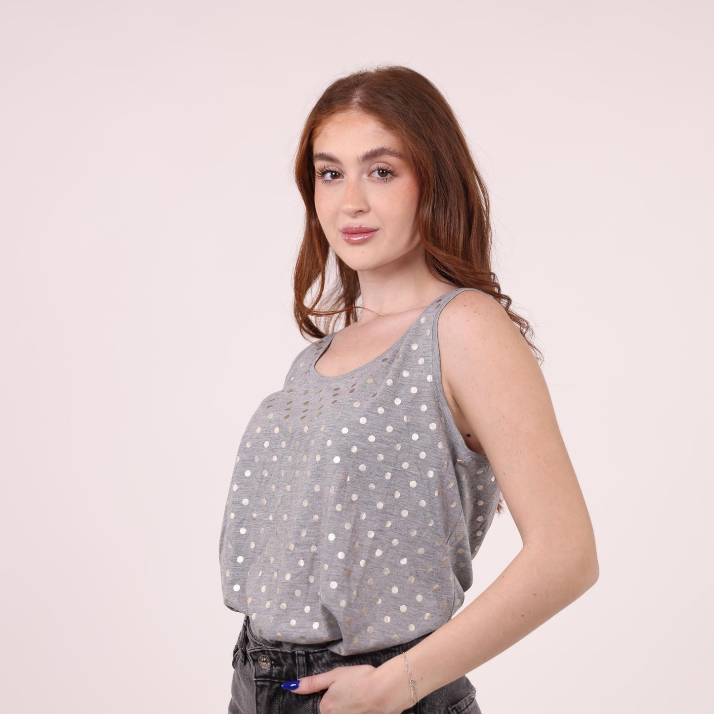 Gray Sleeveless Tank with Metallic Polka Dot Pattern