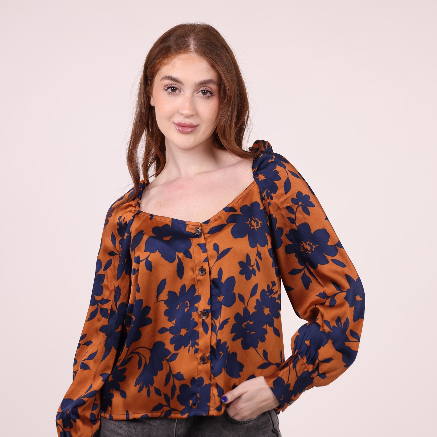 Rust and Navy Floral Print Blouse with Puff Sleeves