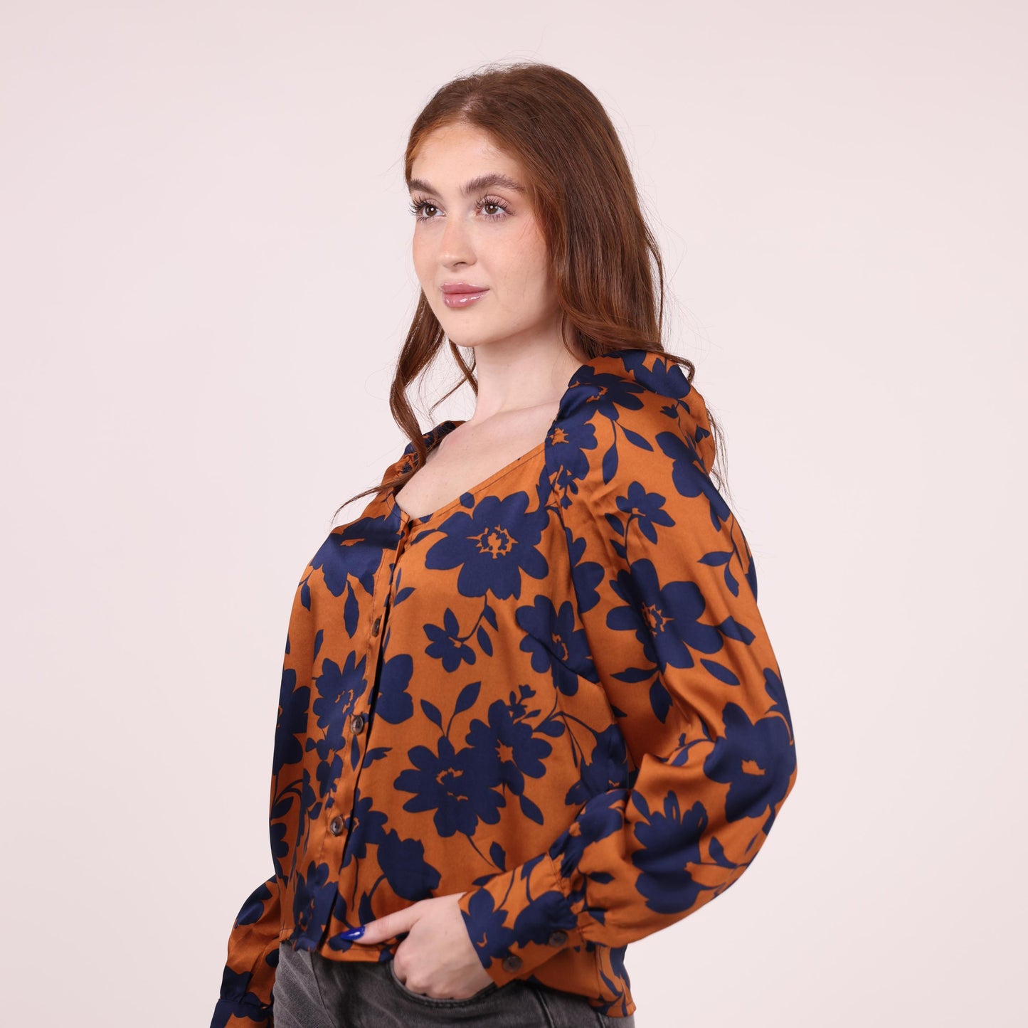 Rust and Navy Floral Print Blouse with Puff Sleeves