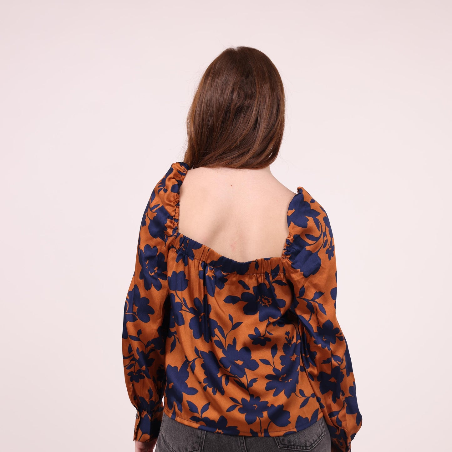 Rust and Navy Floral Print Blouse with Puff Sleeves