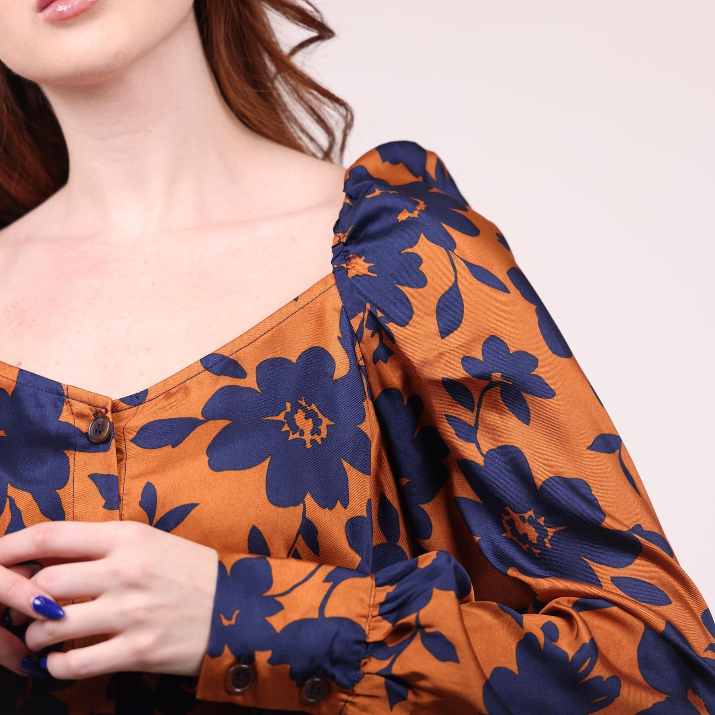 Rust and Navy Floral Print Blouse with Puff Sleeves