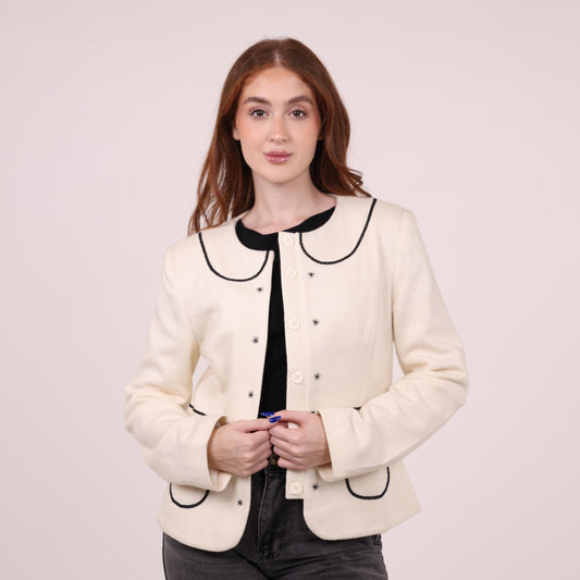 Cream Button-Up Jacket with Black Embroidered Accents