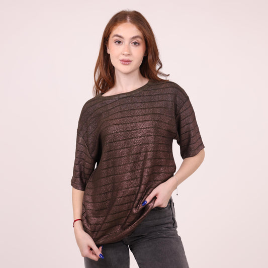 Shimmering Brown Striped Loose-Fit Top