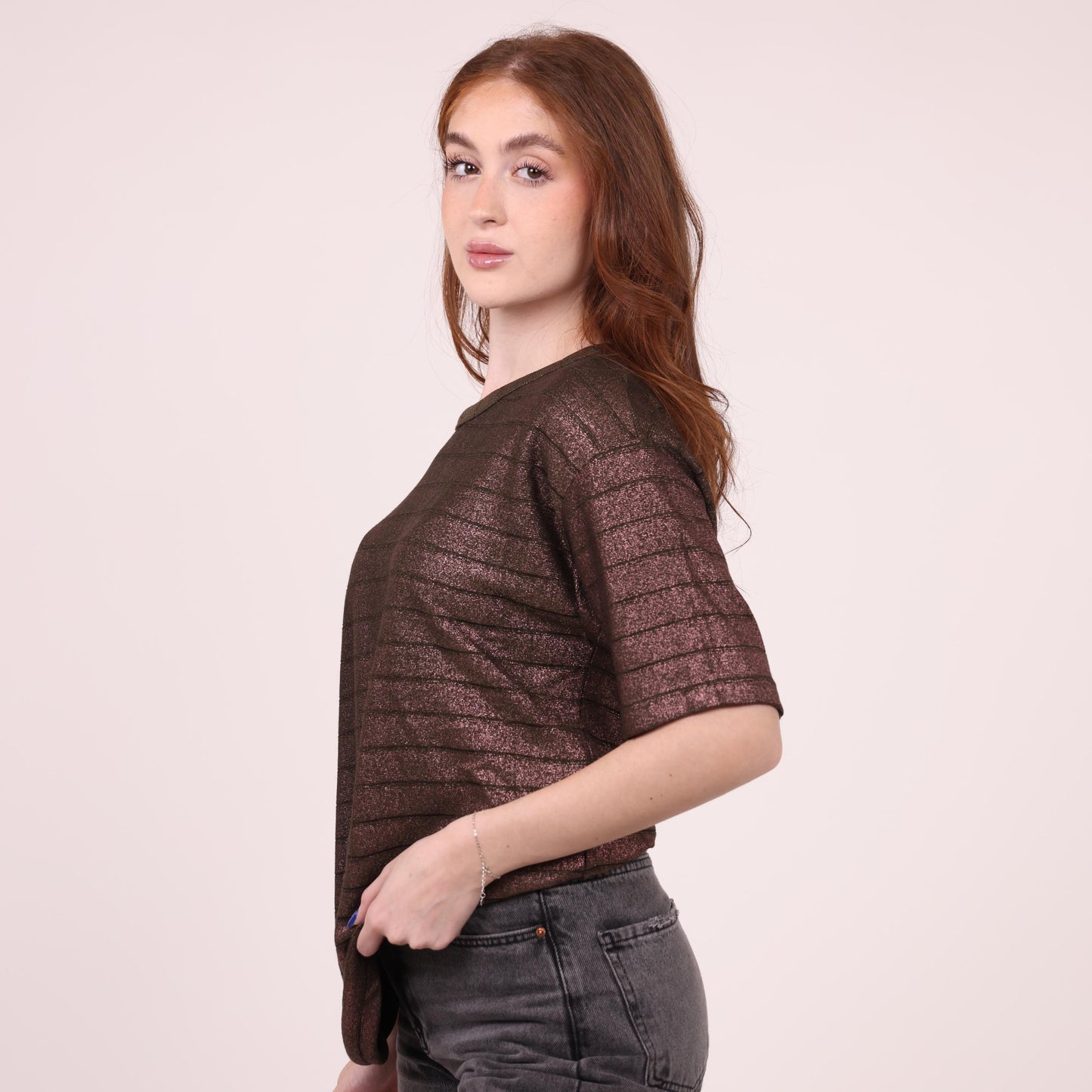 Shimmering Brown Striped Loose-Fit Top