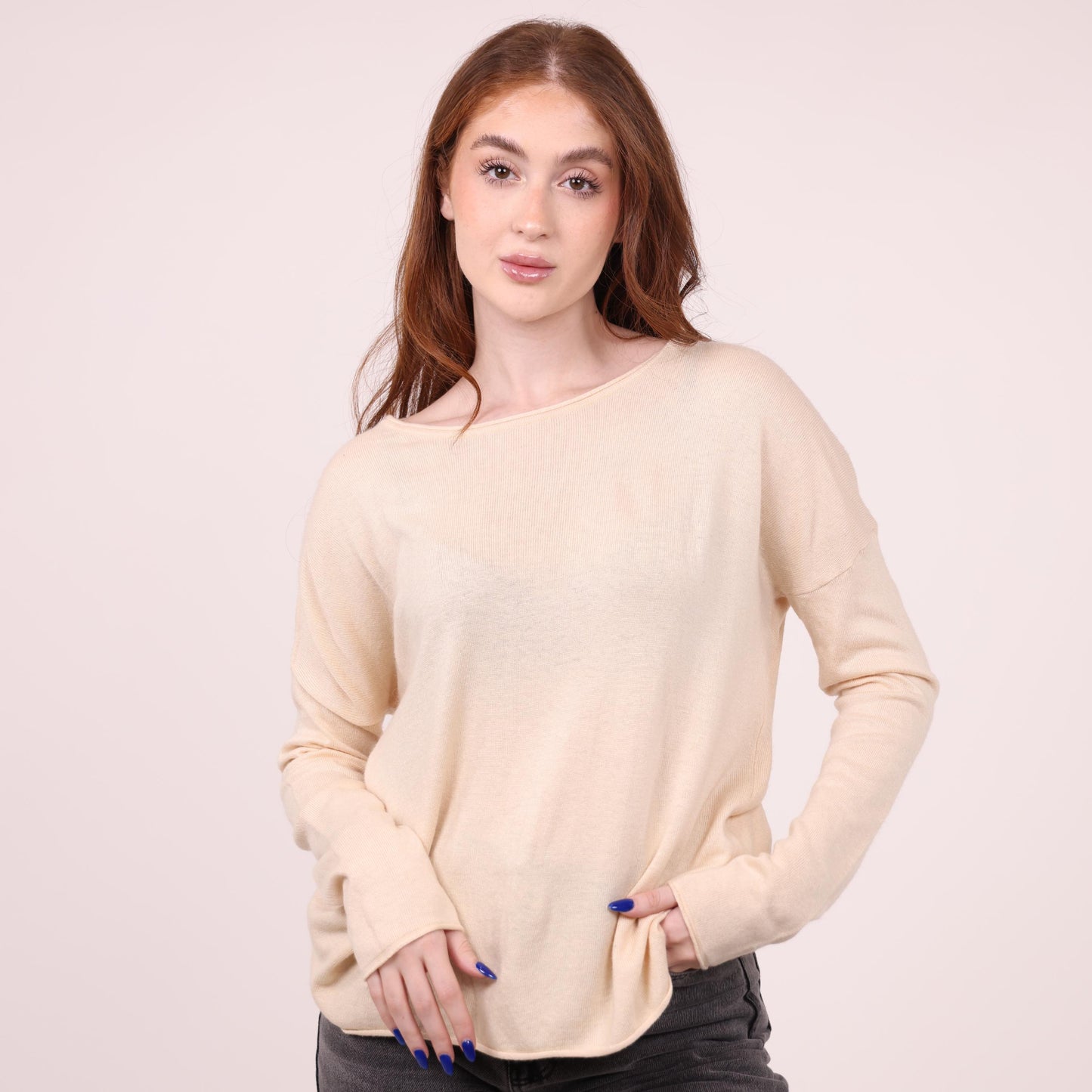 Soft Beige Long-Sleeve Relaxed Knit Top