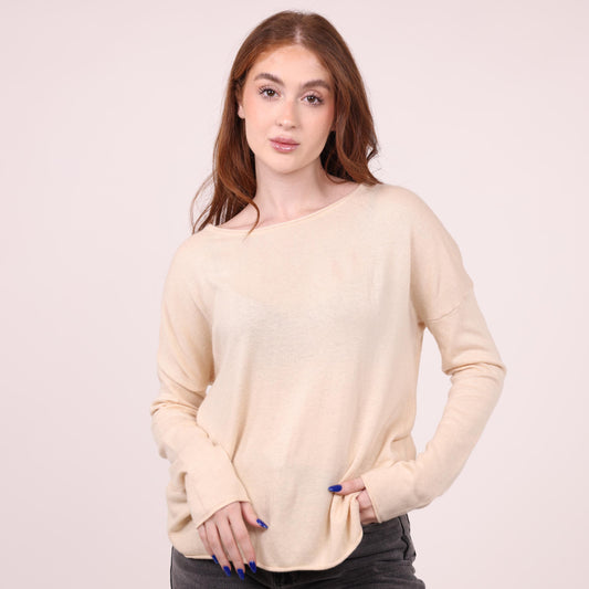 Soft Beige Long-Sleeve Relaxed Knit Top