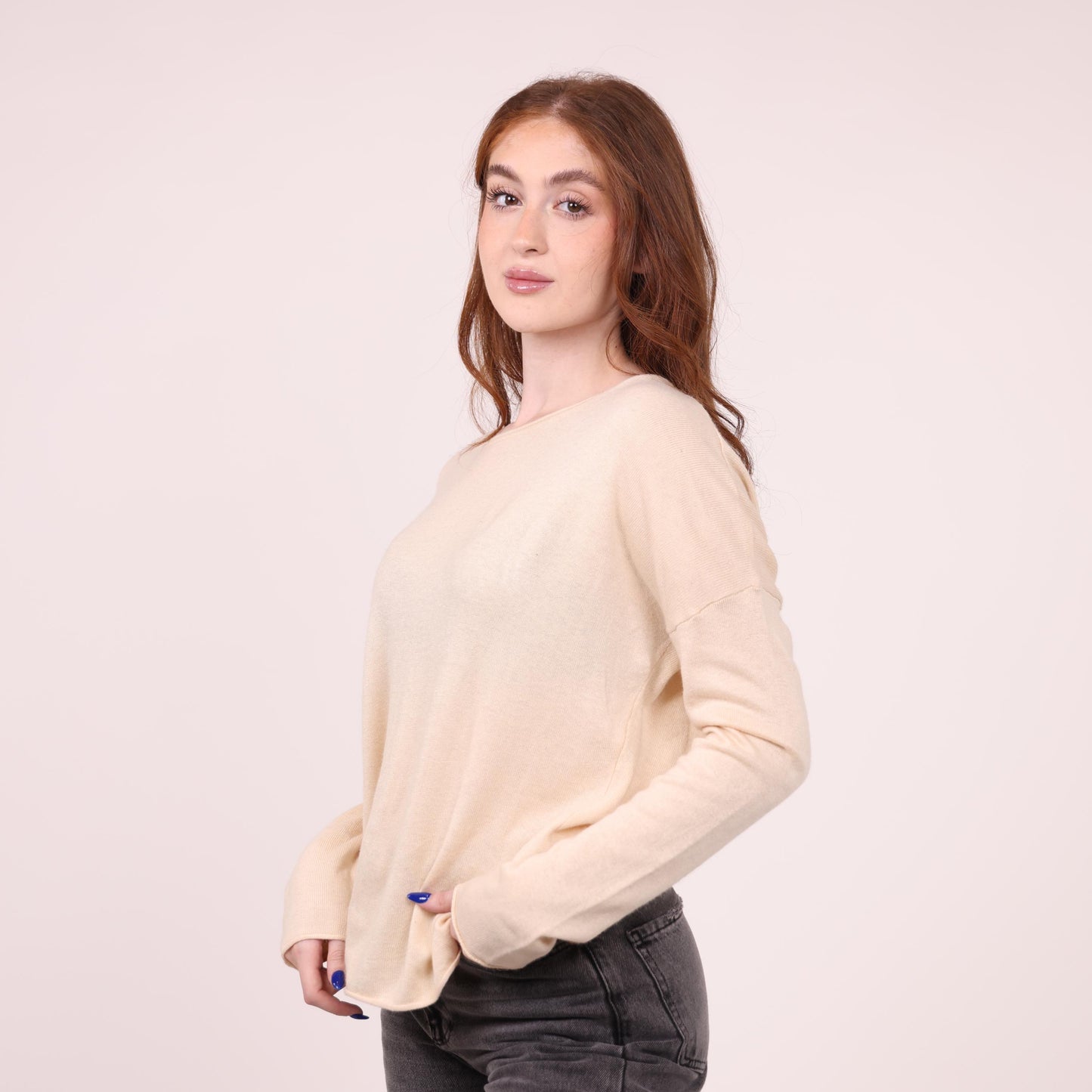 Soft Beige Long-Sleeve Relaxed Knit Top