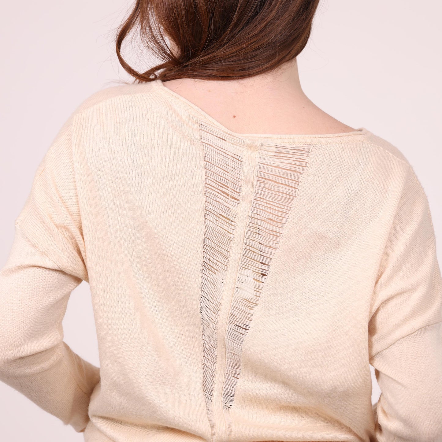 Soft Beige Long-Sleeve Relaxed Knit Top