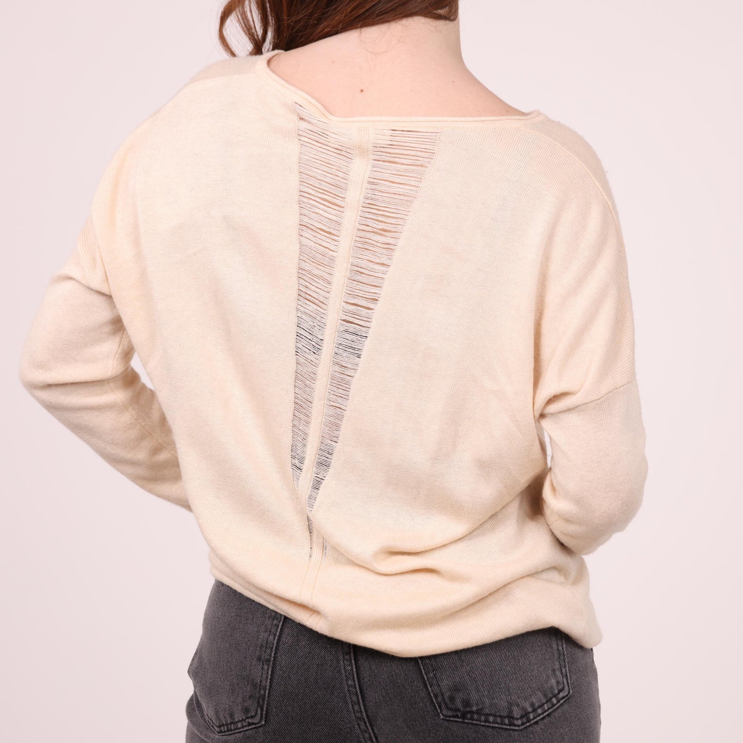 Soft Beige Long-Sleeve Relaxed Knit Top