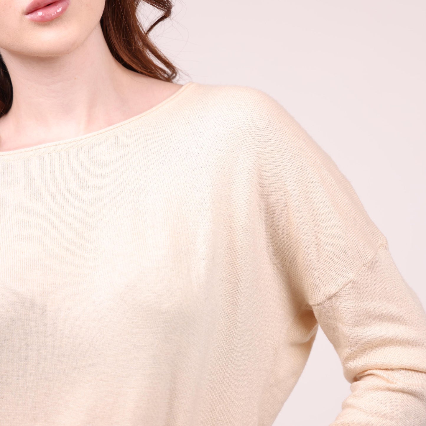 Soft Beige Long-Sleeve Relaxed Knit Top