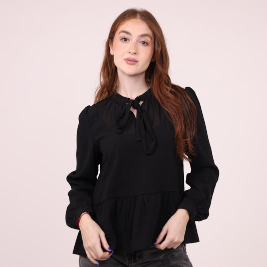 Black Long-Sleeve Blouse with Tie Neck