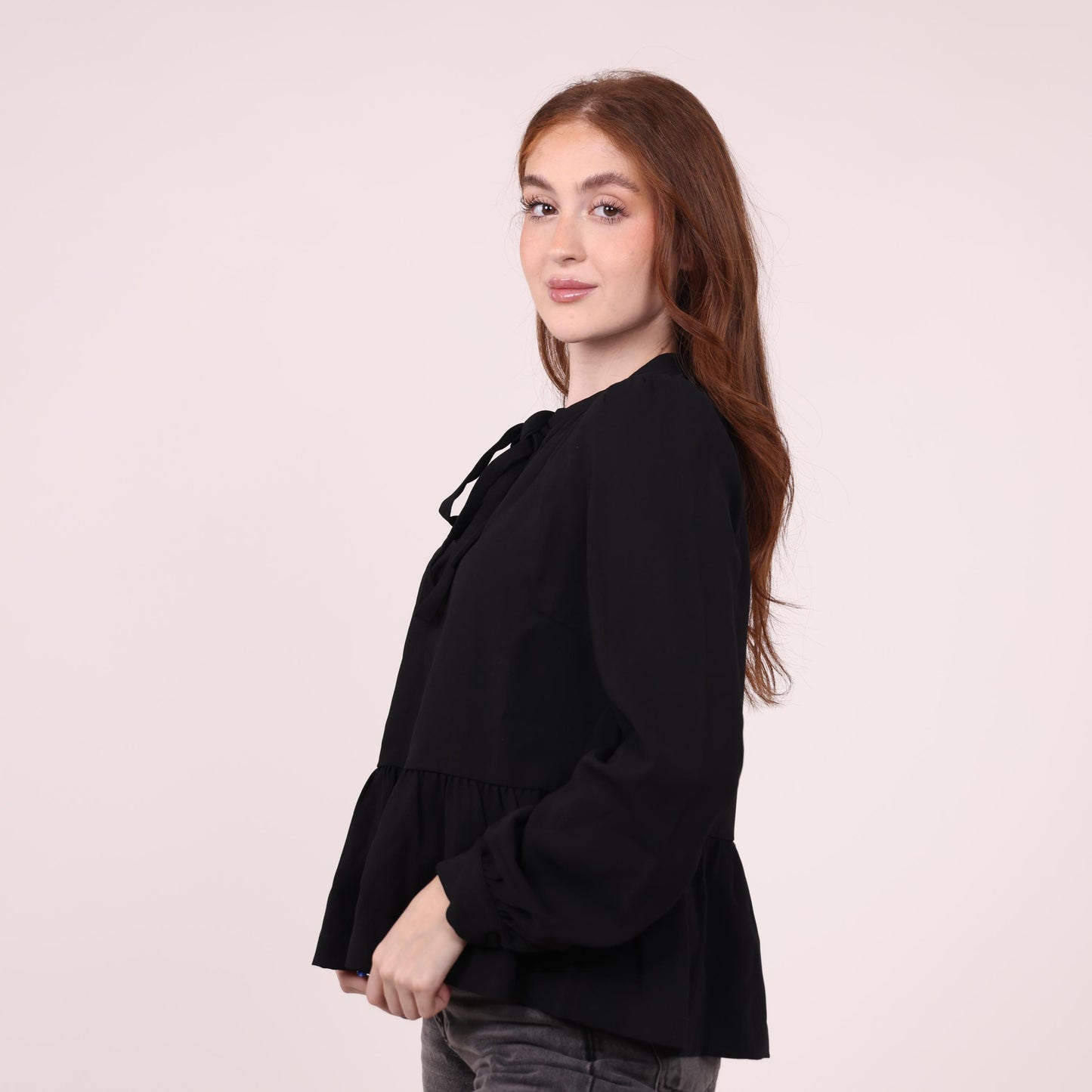 Black Long-Sleeve Blouse with Tie Neck