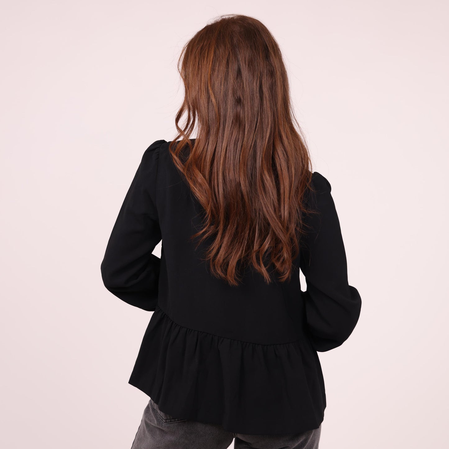 Black Long-Sleeve Blouse with Tie Neck