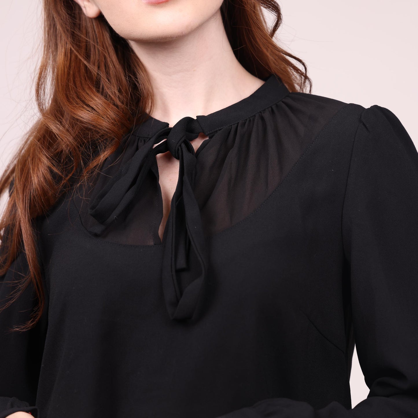 Black Long-Sleeve Blouse with Tie Neck