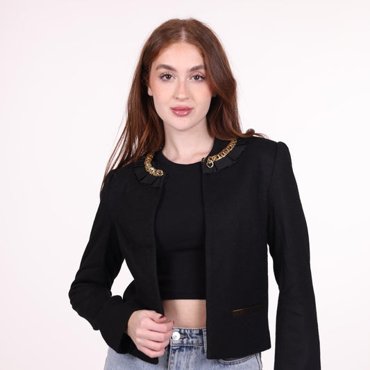 Black Cropped Blazer with Chain and Ruffle Collar Detail