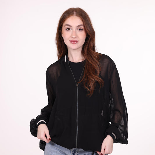 Sheer Black Bomber Jacket with Zipper Closure
