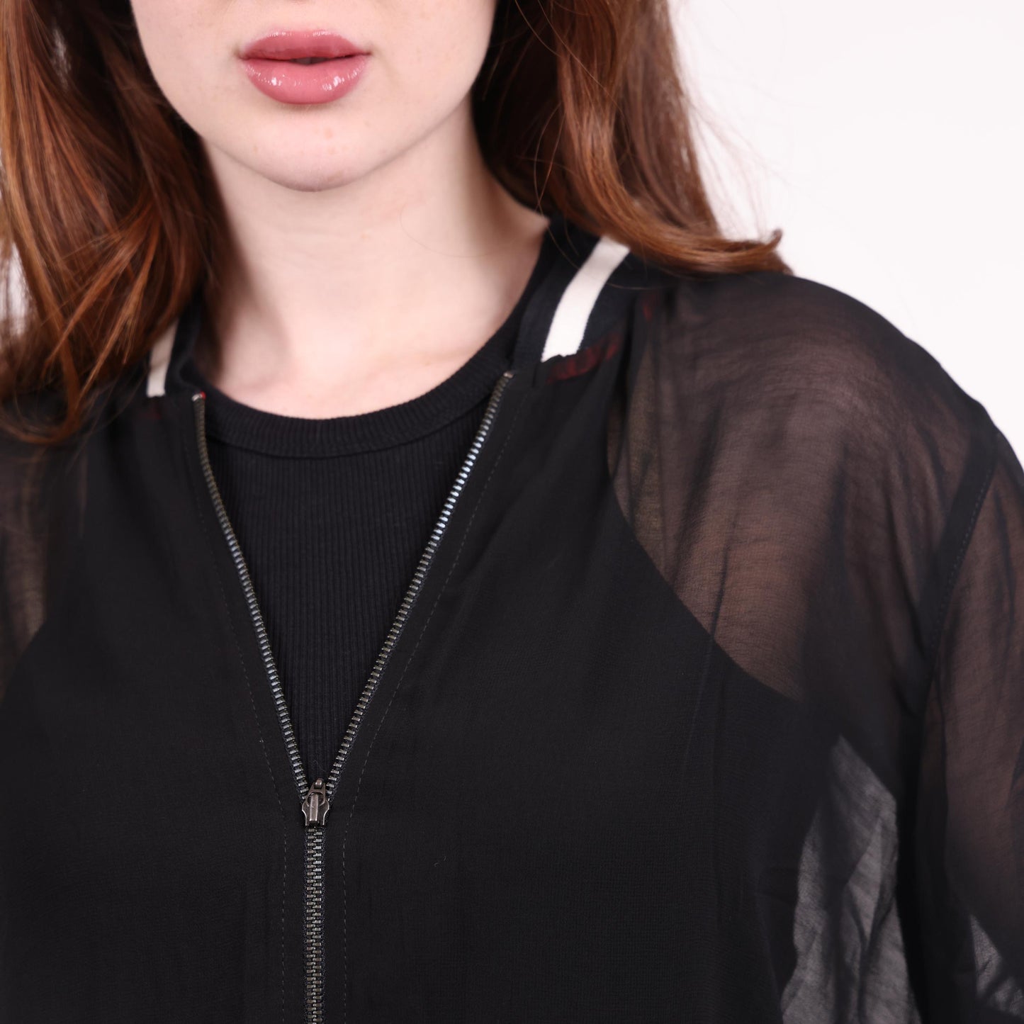 Sheer Black Bomber Jacket with Zipper Closure