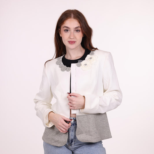 Two-Tone White and Gray Embellished Collar Jacket
