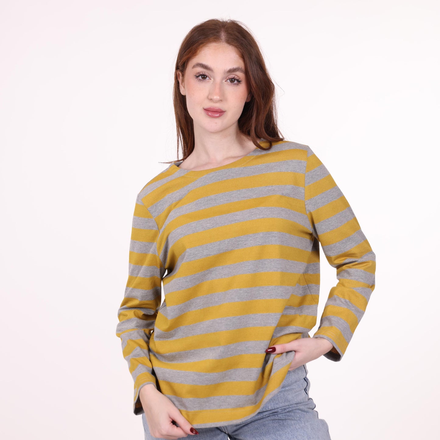 Mustard and Gray Striped Long-Sleeve Top