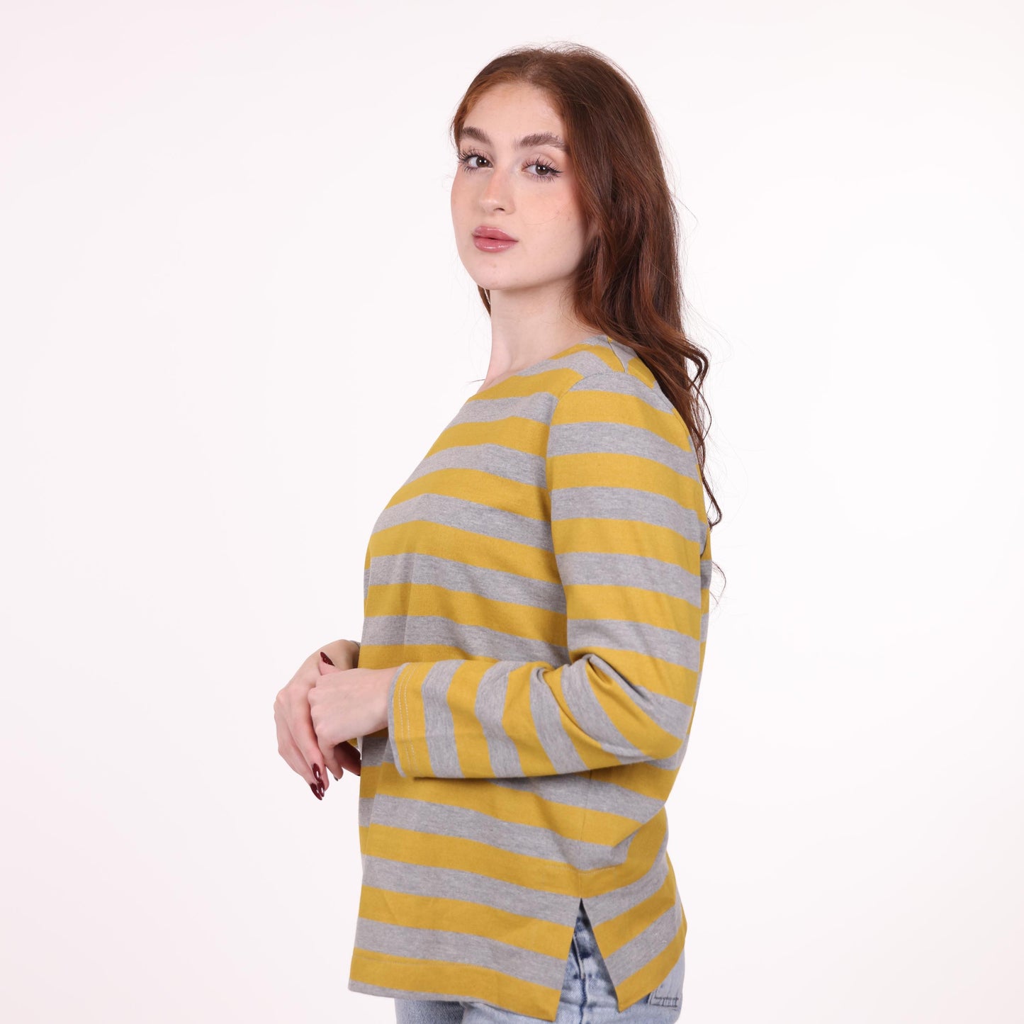 Mustard and Gray Striped Long-Sleeve Top