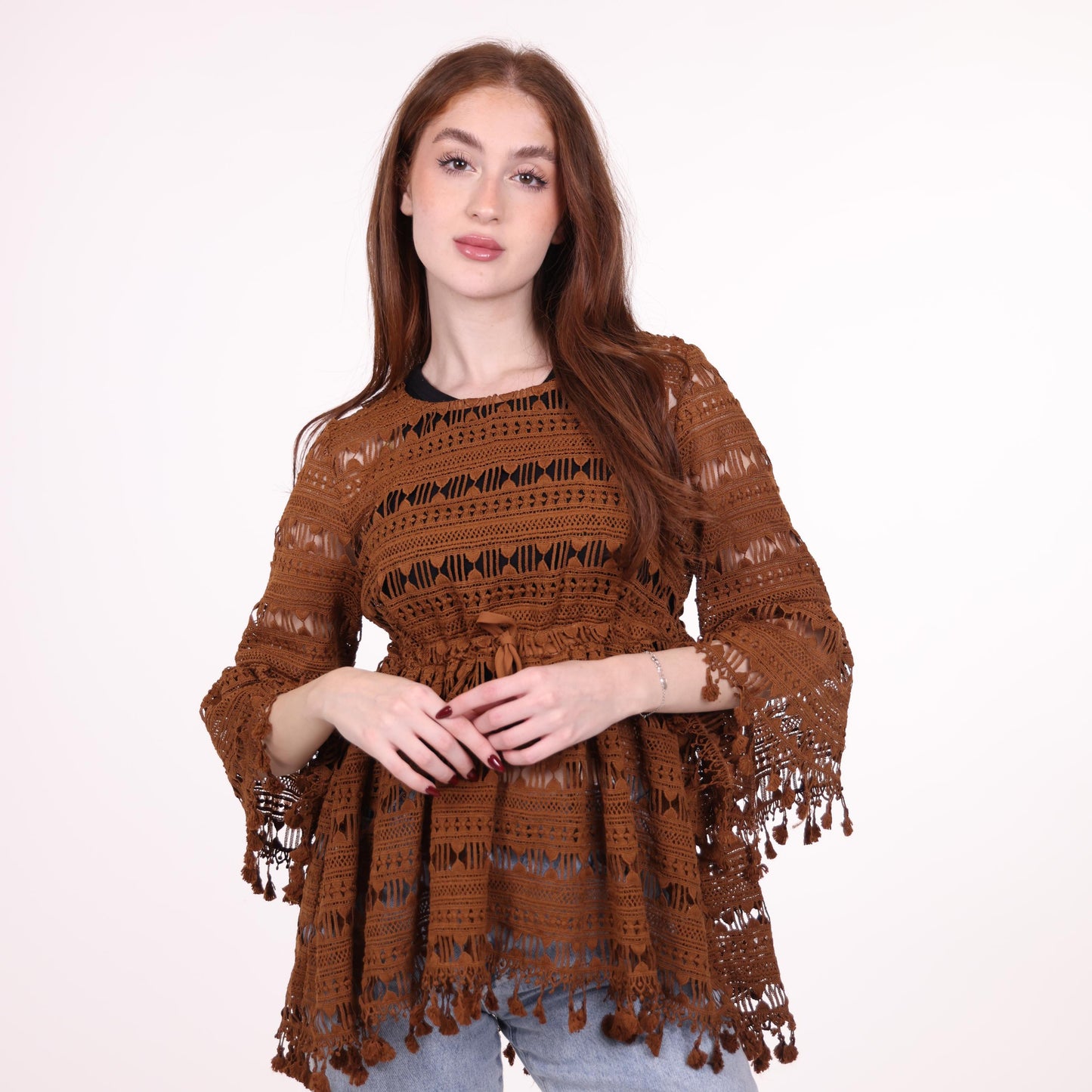 Bohemian Brown Crochet Bell-Sleeve Top