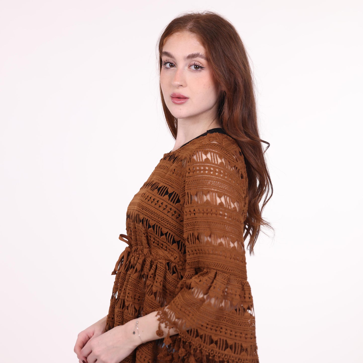 Bohemian Brown Crochet Bell-Sleeve Top