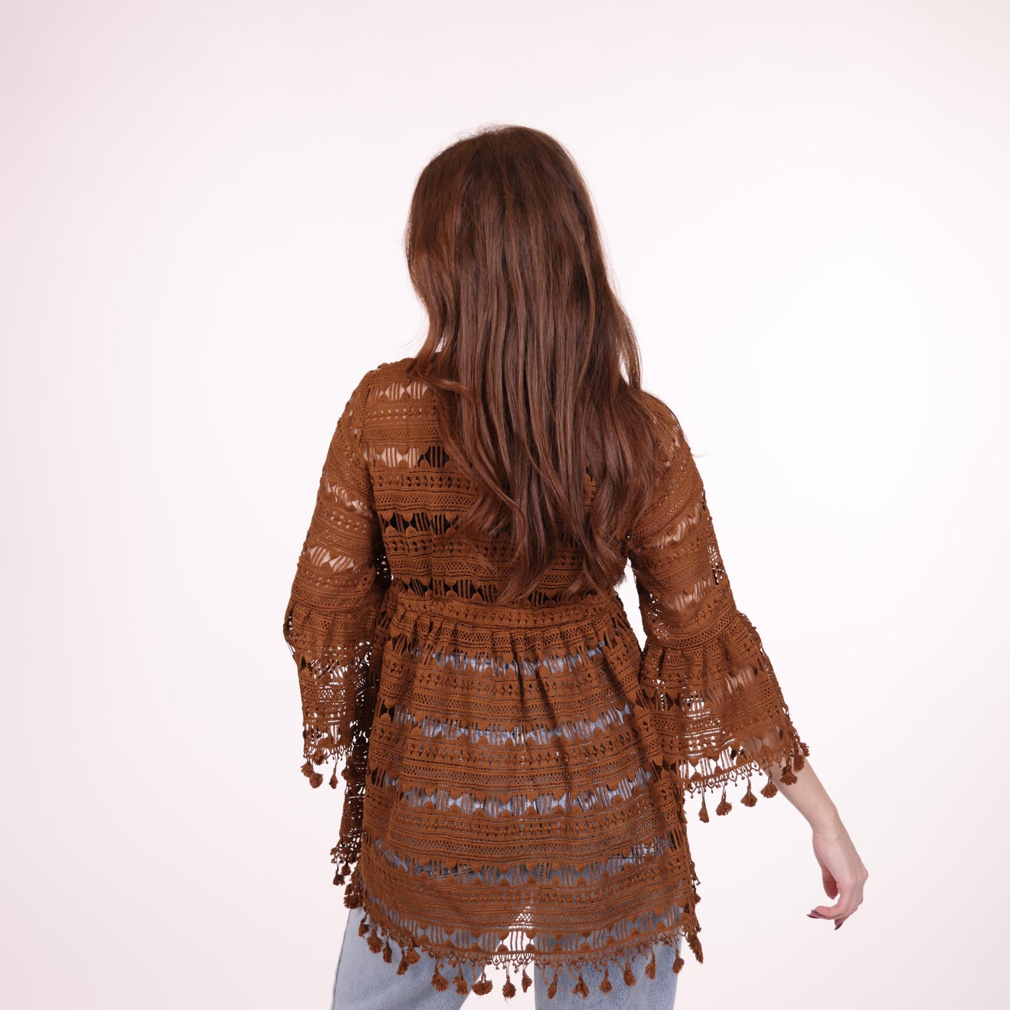 Bohemian Brown Crochet Bell-Sleeve Top