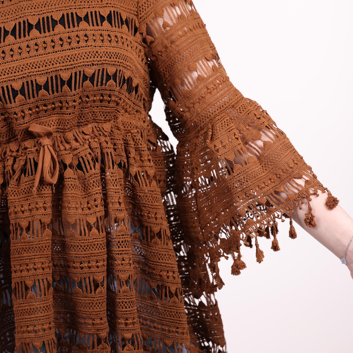 Bohemian Brown Crochet Bell-Sleeve Top