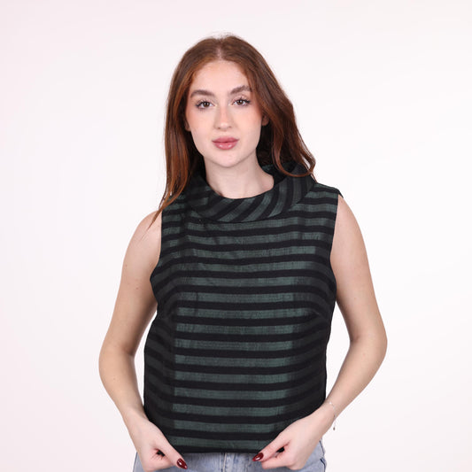 Sleeveless Green and Black Striped High-Neck Top