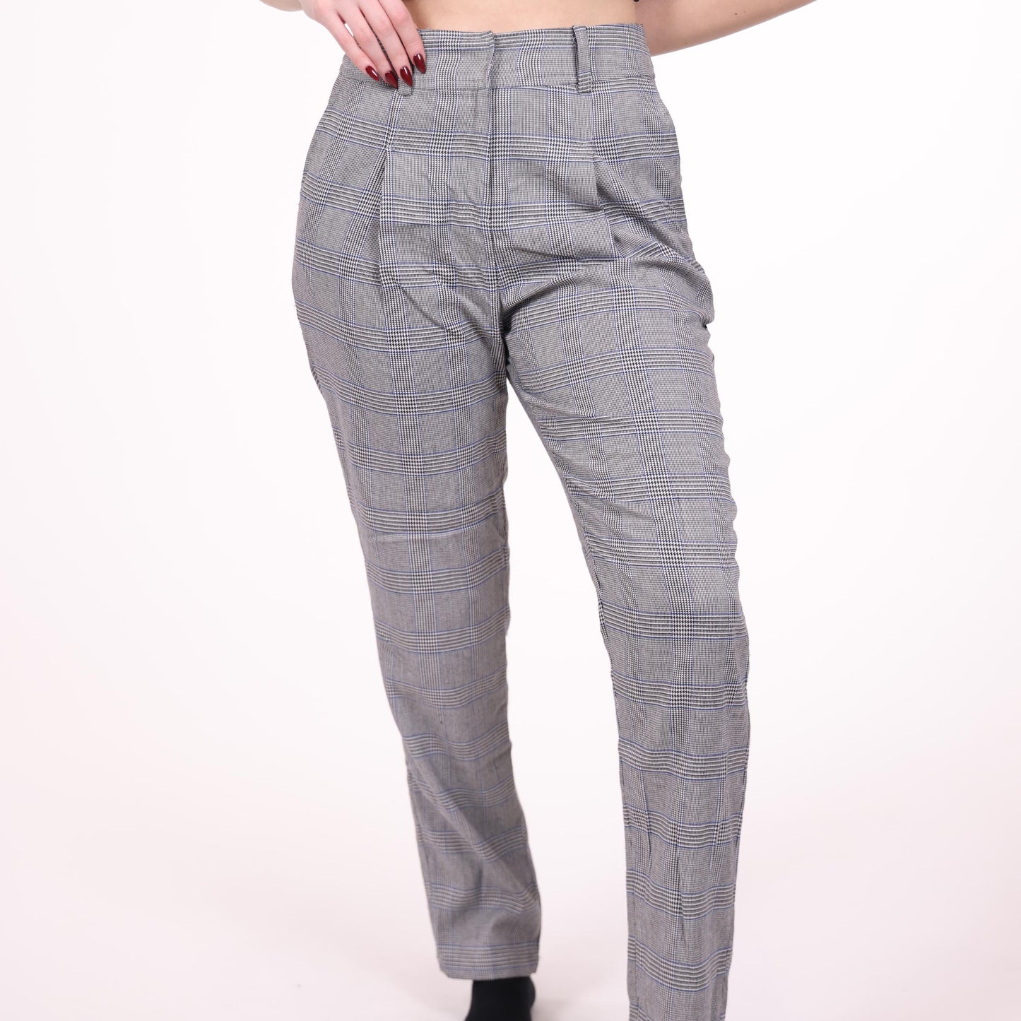 High-Waisted Gray Plaid Tailored Pants