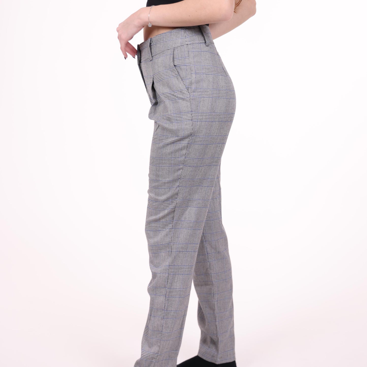 High-Waisted Gray Plaid Tailored Pants